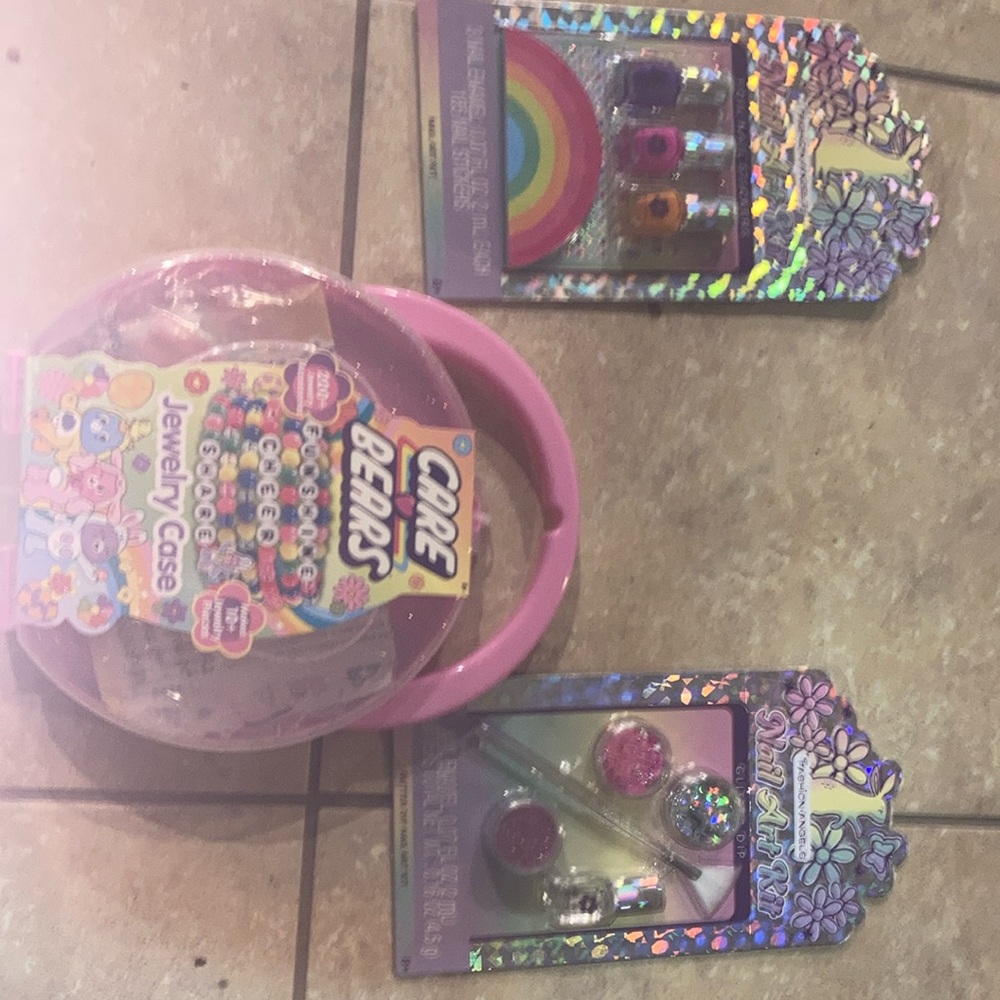 Care Bears Pink Jewelry Case for Kids and Nail Art Bundle